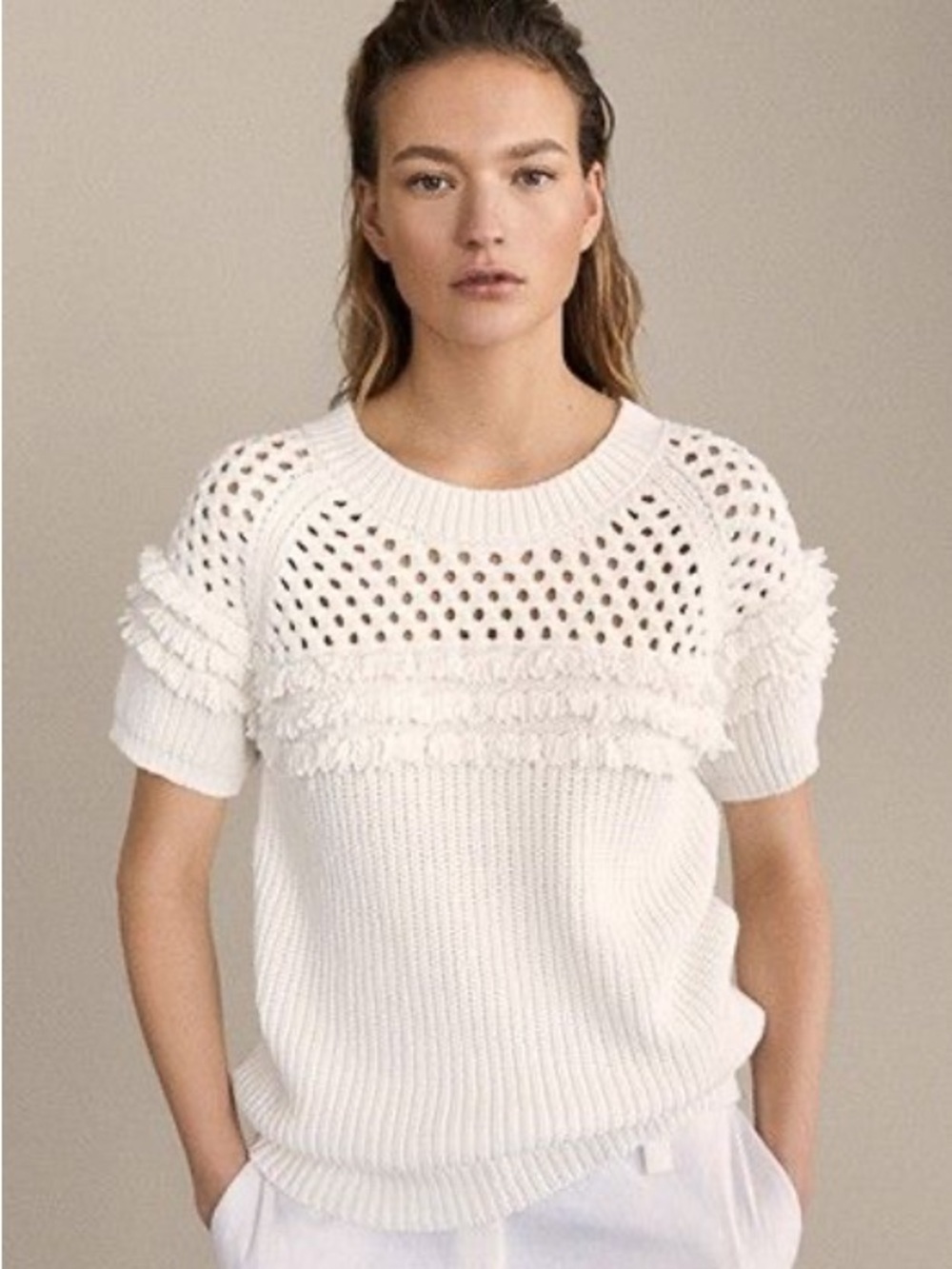 Massimo Dutti White Openwork Fringe Short-Sleeve Sweater